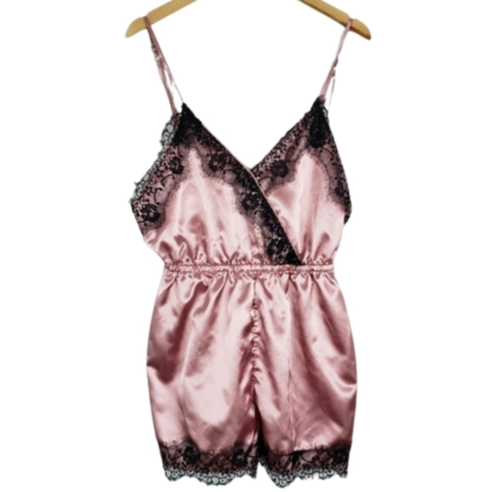 Boohoo pink & black lace trim satin romper